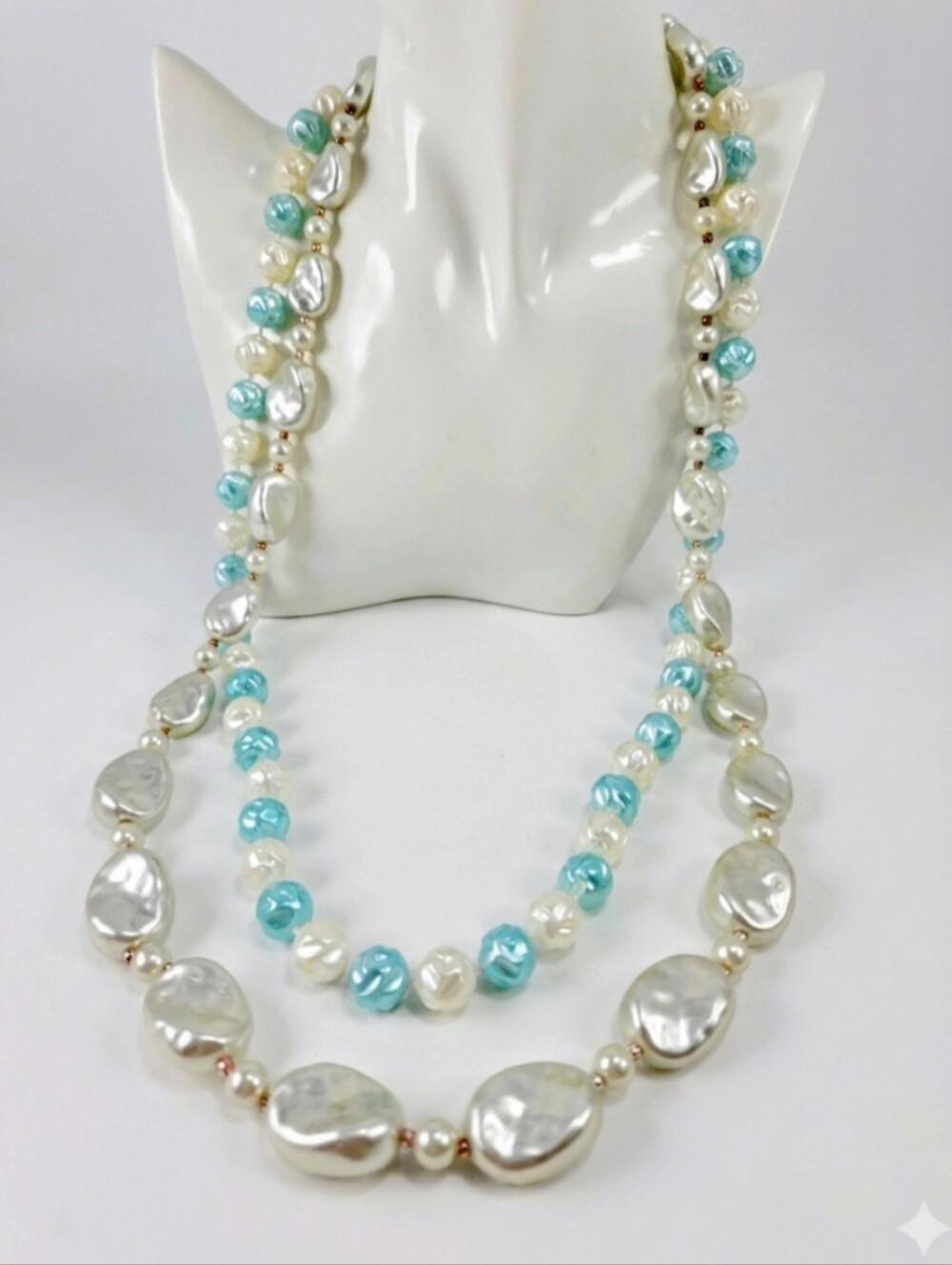 Vintage Faux Pearl Necklace Bundle - Pastel Blue Fluted & White Coin Pearls